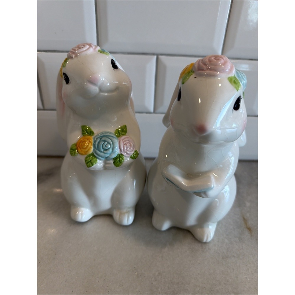 Pair Of Vintage White Easter‎ Ceramic Bunny Girls 7" Flowers Book